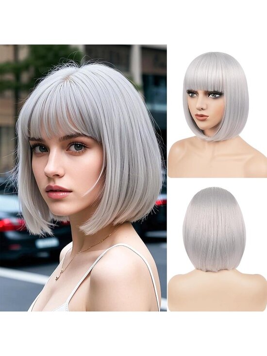 Women Silver Heat Resistant Synthetic Bob Party Neon Wig Bangs 12 Inch